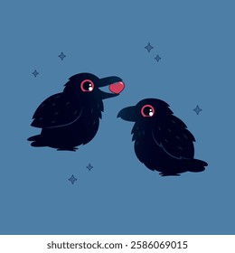 Couple of cute crows with a heart in cartoon style