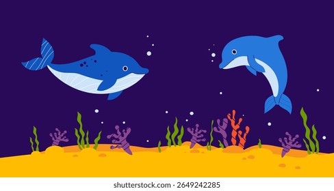 Casal de golfinhos bonitos com algas e coral no fundo do mar arenoso em fundo azul escuro. Paisagem subaquática horizontal com animais Natação. Ilustração vetorial em estilo plano