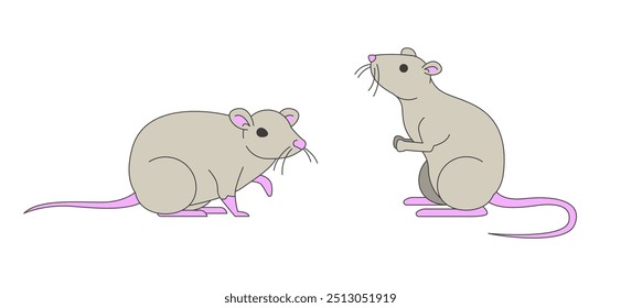 Un par de lindas ratas domesticadas personajes de dibujos animados 2D. Adorables animales Pequeños pidiendo comida. Divertidas mascotas de roedores aislados personajes Vector plano sobre fondo blanco. Ilustración de punto colorido