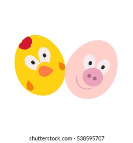 Couple of cute easter eggs. Piglet and chick vector illustration