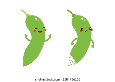 Couple of cute edamame, green soy beans cartoon style characters, happy smiling and sad with bite mark.
