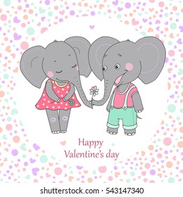 Couple cute elephants fallen in love. Vector funny illustration for Valentine's Day, wedding design, scrapbook, gift wrapping paper, textiles. Cartoon style. Romantic pattern with Hearts and peas.