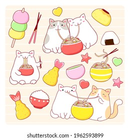 Couple of cute fat cats eat ramen noodles. Set of kawaii characters. Vector illustration EPS8