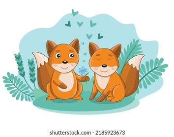 Couple of cute foxes, hand drawn cartoon illustration, valentine's day