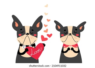 Un par de lindos bulldog francés enamorado. Perro de cachorro gracioso con forma de corazón rojo en patas. Concepto de Feliz Día de San Valentín. Perros de dibujos animados, ilustración vectorial dibujada a mano aislada en blanco. Diseño plano