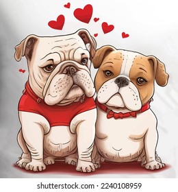 Couple of cute french bulldogs in love.  Concept of Happy Valentines Day. Cartoon dogs, hand drawn vector illustration isolated on white. 