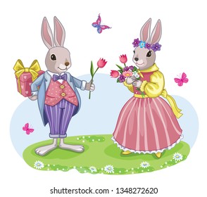 Couple cute, funny white rabbit or bunny. Romantic gift. Fairytale story. Magic meadow. Isolated cartoon illustration for print or sticker. Vintage holiday poster, card. Wonderland. Happy Easter. 