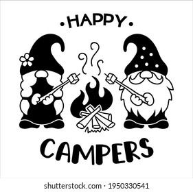 Couple of cute gnomes near the campfire with quote: happy campers. Vector illustration on the theme of camping, summer vacation travel and adventure. Silhouette of a family of gnomes.