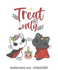 couple cute Halloween cat in vampire girl and devil boy costume cartoon doodle hand drawing vector