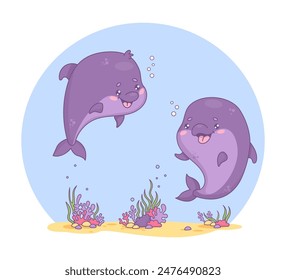 Couple of cute happy dolphins. Underwater world with seaweed and cartoon kawaii character animal. Vector illustration. Kids collection