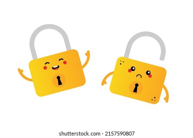 Couple of cute happy and sad cartoon style golden lock characters.
