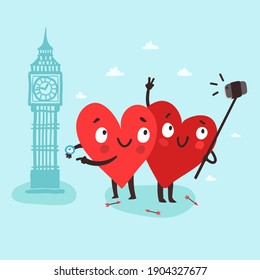Couple cute hearts making selfie with smartphone and selfie stick near the Big Ban London. Romantic tour. Valentine's Day vector card
