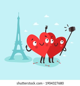 Couple cute hearts making selfie with smartphone and selfie stick near the Paris Eiffel Tower. Romantic tour. Valentine's Day vector card