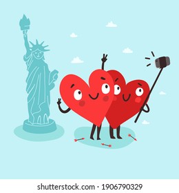 Couple cute hearts making selfie with smartphone and selfie stick near the  Statue of Liberty in New York. Romantic tour. Valentine's Day vector card. USA happy independence day concept