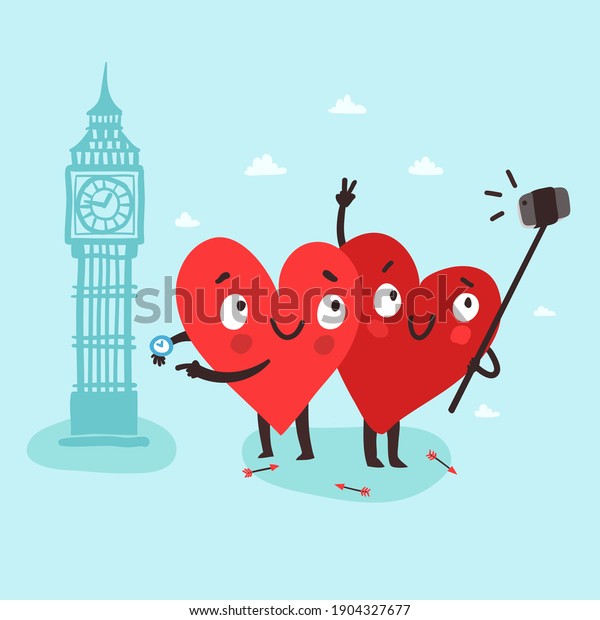 Couple cute hearts making selfie with smartphone and\
selfie stick near the Big Ban London. Romantic tour. Valentine\'s\
Day vector card