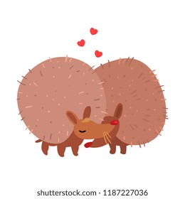 Couple of cute hedgehogs in love embracing each other, two happy aniimals hugging vector Illustration on a white background