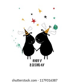 A couple of cute holding hands moose. Funny birthday greeting card.