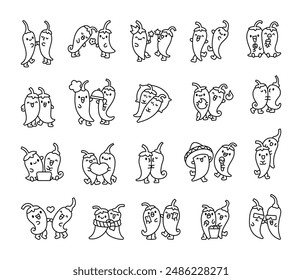 Couple of cute hot peppers. Coloring Page. Fiery cartoon vegetables with adorable faces. Hand drawn style. Vector drawing. Collection of design elements.