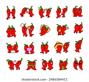Couple of cute hot peppers. Fiery cartoon vegetables with adorable faces. Hand drawn style. Vector drawing. Collection of design elements.