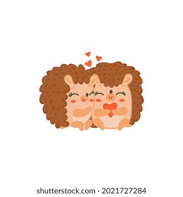 A couple of cute hugging hedgehogs with hearts. Smiling cartoon characters of hedgehogs for kids. Flat vector illustration isolated on white background