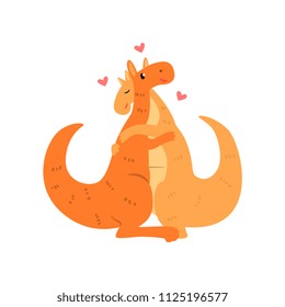 Couple of cute kangaroos in love embracing each other, two happy aniimals hugging with hearts over their head vector Illustration on a white background.