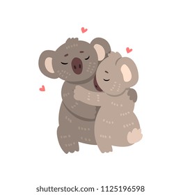 Couple of cute koalas in love embracing each other, two happy  aniimals hugging with hearts over their head vector Illustration on a white background