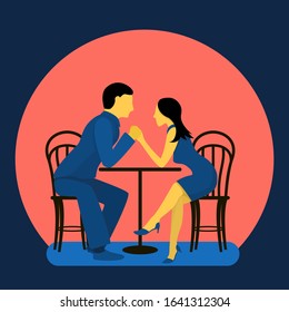 A couple of cute lovers at a table in a cafe. Flat vector illustration in trendy colors
