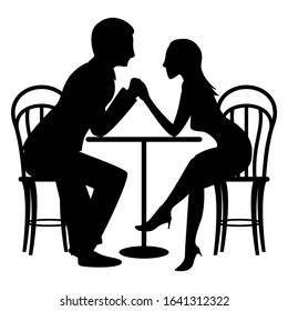 A couple of cute lovers at a table in a cafe. Flat vector silhouette illustration
