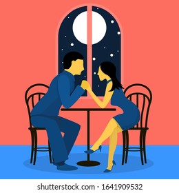 A couple of cute lovers at a table in a cafe. Flat vector illustration in trendy colors