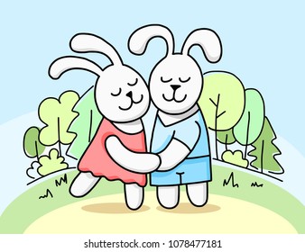 Couple of cute loving vector bunnies hold by hands. Cartoon flat animal illustration