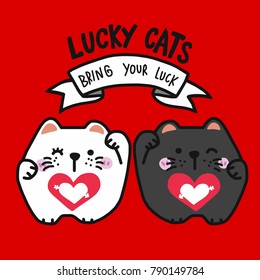 Couple cute Lucky cats bring your luck cartoon vector illustration