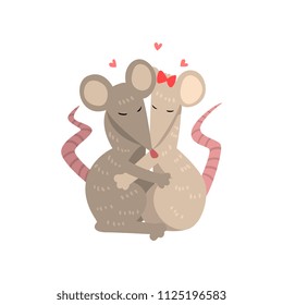 Couple of cute mice in love embracing each other, two happy  aniimals hugging with hearts over their head vector Illustration on a white background