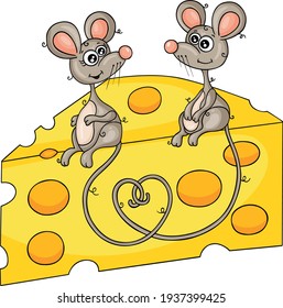 Couple of cute mice sitting on the slice of cheese