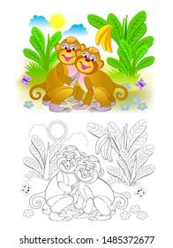 Couple of cute monkeys in the jungle. Colorful and black and white page for coloring book for kids. Fantasy illustration of animals. Printable worksheet for children and adults. Vector cartoon image.