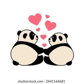 A couple of cute pandas with hearts. Postcard Template