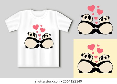 A couple of cute pandas with hearts. Valentines day concept with t-shirt mockup