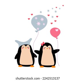 Couple of cute penguins with balloons. Funny little birds in love, boy in hat, girl with bow. Concept of Happy Valentines day.  Cartoon character, hand drawn vector illustration, isolated. Flat design