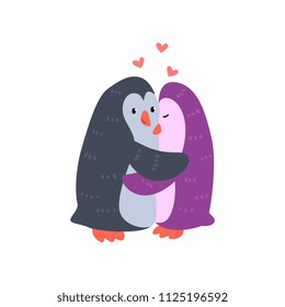 Couple of cute penguins in love embracing each other, two happy  aniimals hugging with hearts over their head vector Illustration on a white background