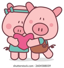 Couple of cute pigs hugging a heart