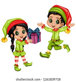 Couple of  Cute Playful Christmas Elves. Collection of Santa Claus Helpers. Happy New Year, Merry Christmas Design Element. Isolated. Good for Christmas Cards. Children Cartoon Vector illustration