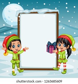 Couple of  Cute Playful Christmas Elves in front of Banner for Text. Santa Claus Helpers. Happy New Year, Merry Christmas Invitation Card. Children Cartoon Vector illustration