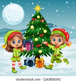 Couple of  Cute Playful Christmas Elves in front of Christmas Tree with Gift Boxes. Santa Claus Helpers. Happy New Year, Merry Christmas Design. Children Cartoon Vector illustration