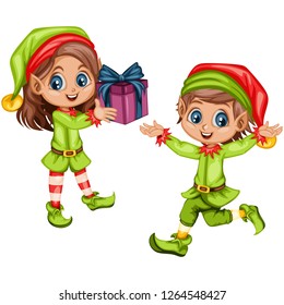 Couple Cute Playful Christmas Elves Collection Stock Vector (royalty 