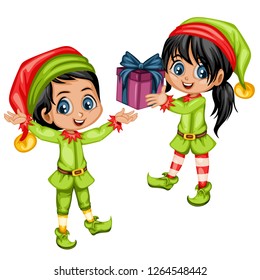 Couple of  Cute Playful Christmas Elves. Collection of Santa Claus Helpers. Happy New Year, Merry Christmas Design Element. Isolated. Good for Christmas Cards. Children Cartoon Vector illustration