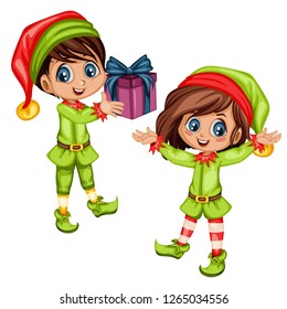 Couple of  Cute Playful Christmas Elves. Collection of Santa Claus Helpers. Happy New Year, Merry Christmas Design Element. Isolated. Good for Christmas Cards. Children Cartoon Vector illustration