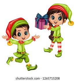 Couple of  Cute Playful Christmas Elves. Collection of Santa Claus Helpers. Happy New Year, Merry Christmas Design Element. Isolated. Good for Christmas Cards. Children Cartoon Vector illustration