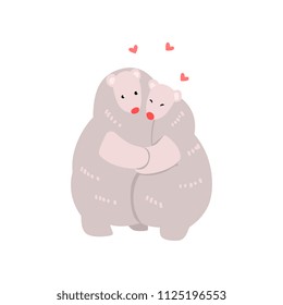 Couple of cute polar bears in love embracing each other, two happy aniimals hugging with hearts over their head vector Illustration on a white background