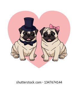 A couple of cute pugs and a pink heart on white background. Vector dog illustration. Funny cartoon characters