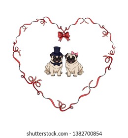 A couple of cute pugs in a ribbon heart frame isolated on white background. Vector dog illustration. Funny cartoon characters