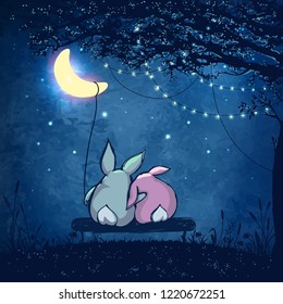 Couple of cute rabbits hugging under magical tree with festive lights at night sky with crescent and stars. Valentines day Romantic illustration. 